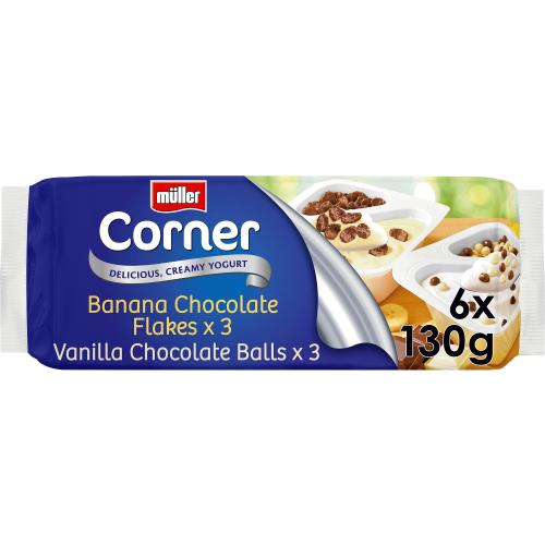Corner Vanilla Chocolate Balls and Banana Chocolate Flakes Yogurts