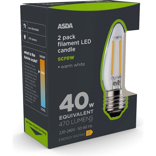 ASDA LED Filament Candle Large Screw Clear Lightbulb (2 x 40w