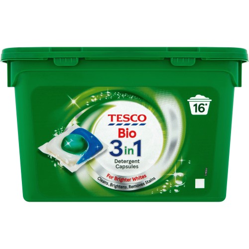Tesco Biological 3In1 Laundry Detergent Capsules 16 Washes
