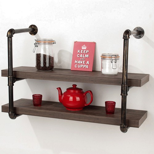 Core Products Loft Dark Oak Wood Double Wall Shelf with Pipe Brackets