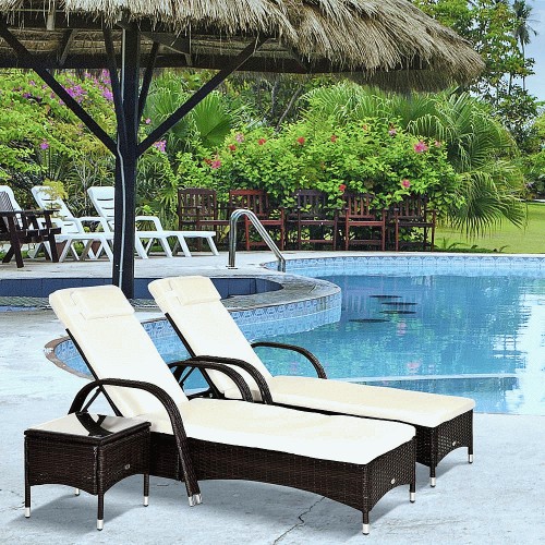 Outsunny Set of 2 Brown Rattan Sun Lounger Set with Table Compare