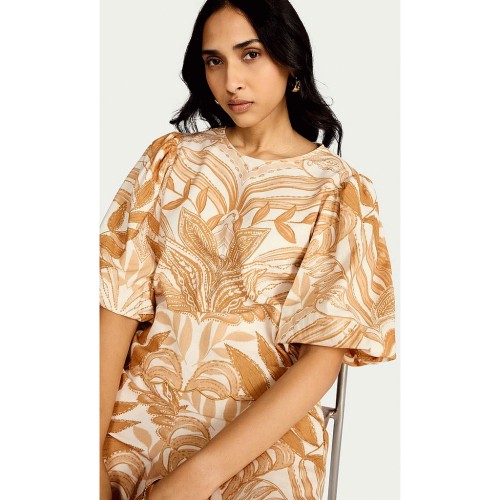 F&F Leaf Print Puff Sleeved Co-ord Top in Multi Orange