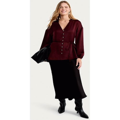 F&F Satin Button Front Tie Waist Blouse in Burgundy