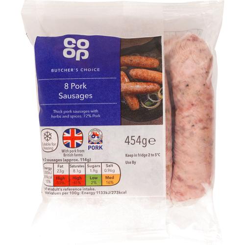 Coop Butcher's Choice 8 Pork Sausages (454g) Compare Prices & Where