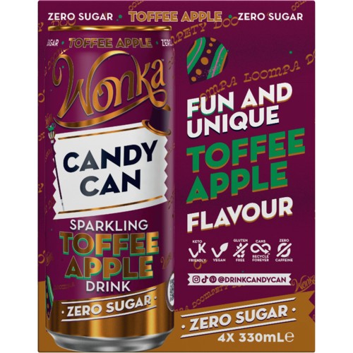 Candy Can Wonka Sparkling Toffee Apple Zero Sugar Drink (4 x 330ml