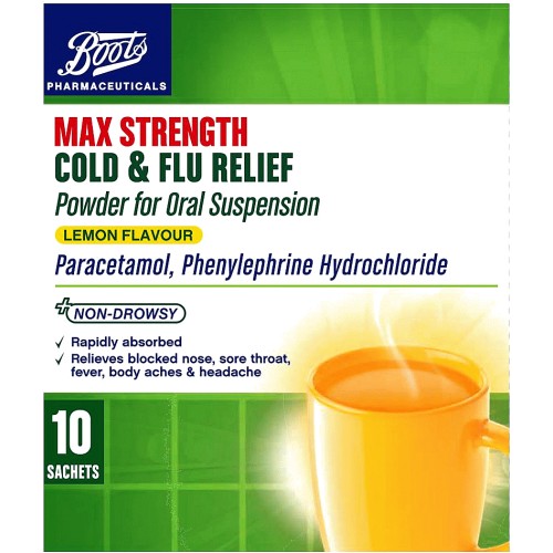 Pharmaceuticals Max Strength Cold & Flu Relief Lemon Flavour powder for Oral Suspension- 10 Sachets
