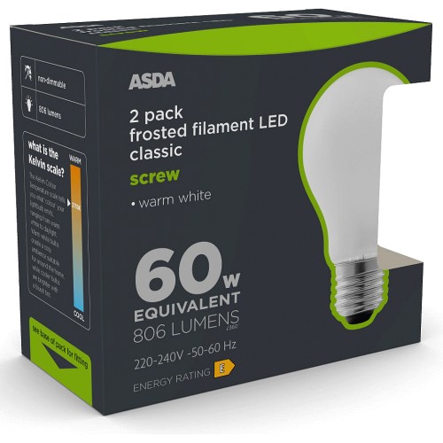 ASDA LED Filament Classic Large Screw Coated Lightbulb 2 x 60w