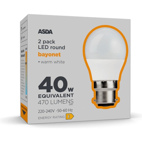 ASDA LED Round Bayonet Warm White Lightbulb 2 x 40w