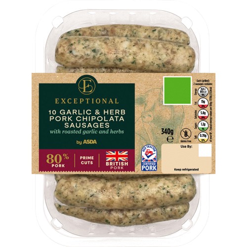 Exceptional By ASDA 10 Garlic Herb Pork Chipolata Sausages 340g 