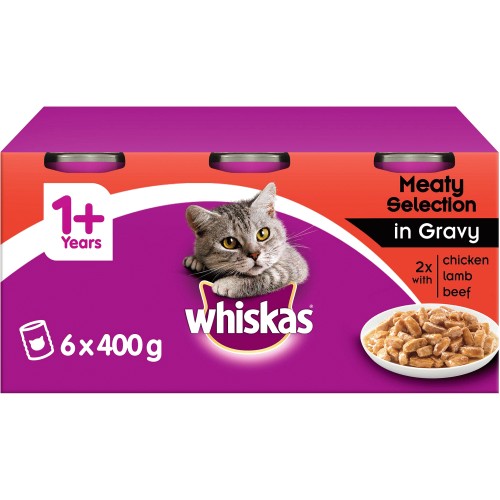 Whiskas Adult 1+ Wet Cat Food Tins Mixed Meaty Selection in Gravy (6 x