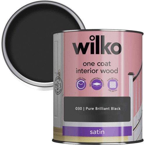 Wilko One Coat Interior Wood Pure Brilliant Black Satin Paint (750ml