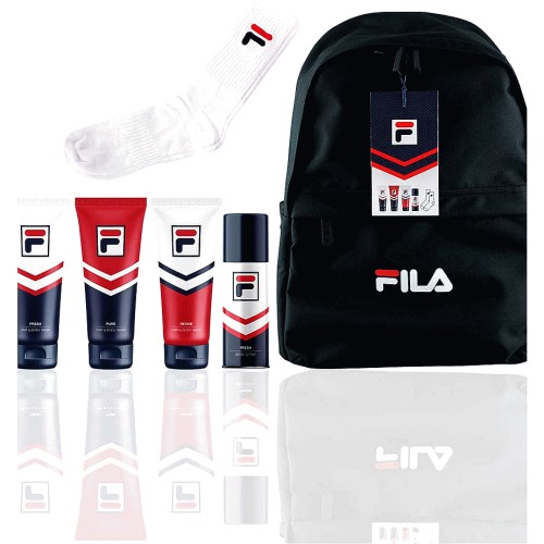 FILA Back Pack Gift containing FILA Hair Body Wash Body Spray and FILA Sports Socks 3 x 200ml Compare Prices Where To Buy Trolley
