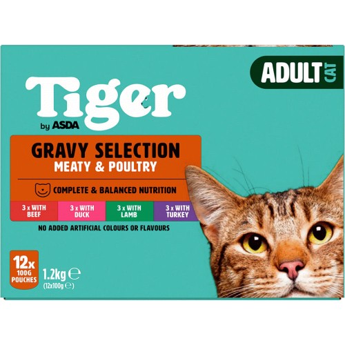 Tiger Meat Favourites in Gravy Adult Cat Food Pouches 12x100