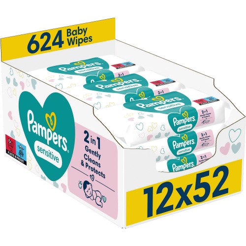 Pampers lingettes bébé sensitive - lot de 12 x 52 lingettes - 624