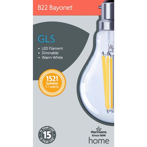 Morrisons LED Filament Gls 1521 Lumens Bc Dimmable Light Bulb (11w ...