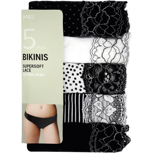 M&S Womens Cotton Lycra & Lace Bikini Knickers 8 Multi (5) - Compare Prices  & Where To Buy 