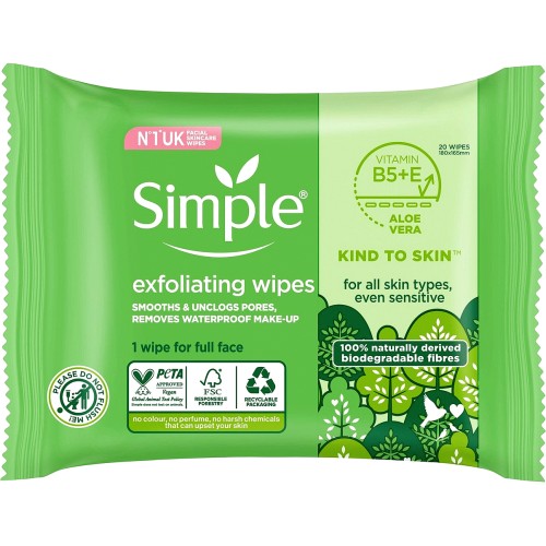 Simple Exfoliating Facial Wipes 20 Wipes