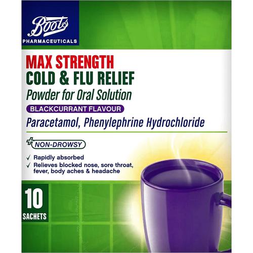 Pharmaceuticals Max Strength Cold & Flu Relief Blackcurrant Flavour Powder for Oral Solution 10 Sachets